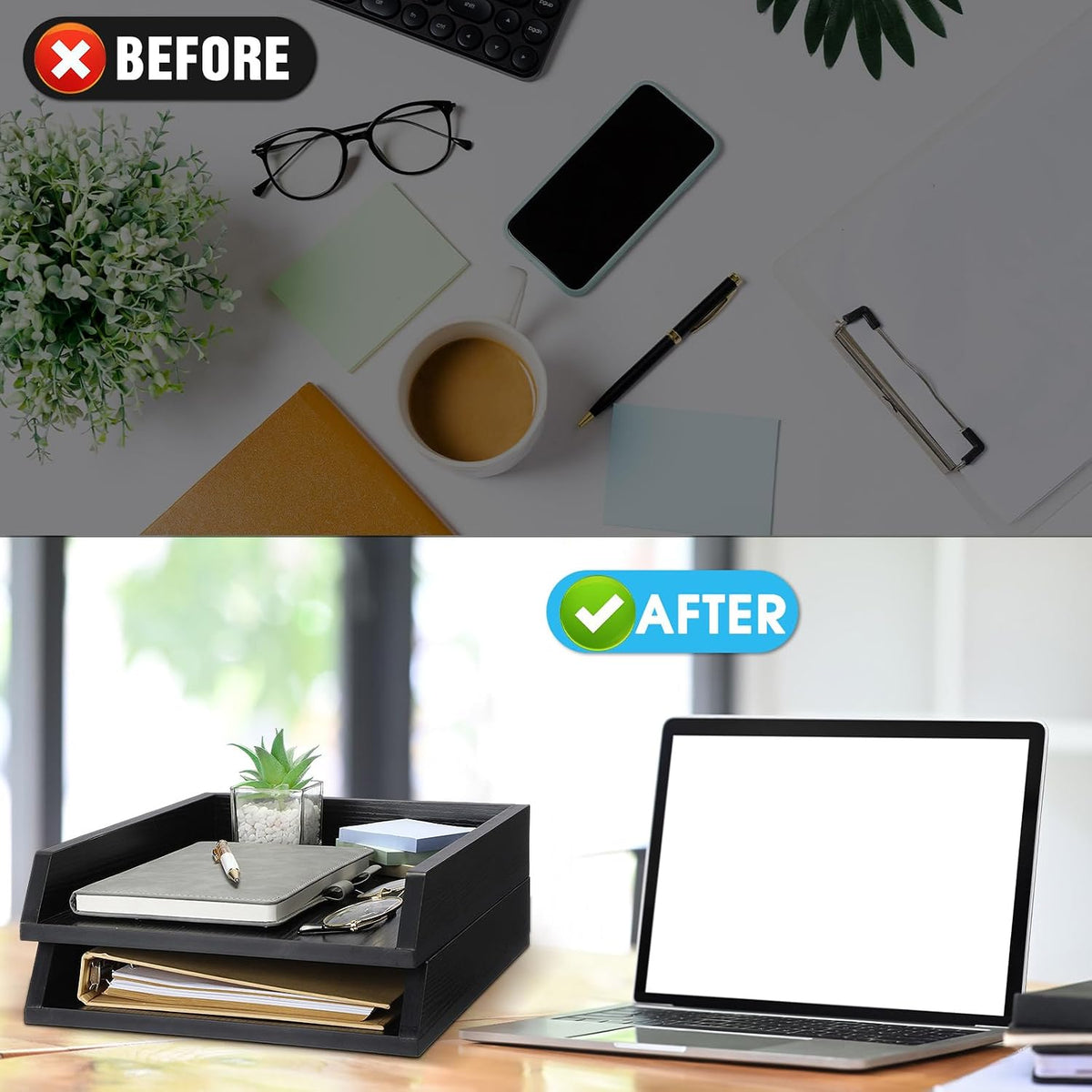 DoubleFill 2 Pcs Wooden Letter Tray 2 Tier Letter-Size Desk Tray, Black