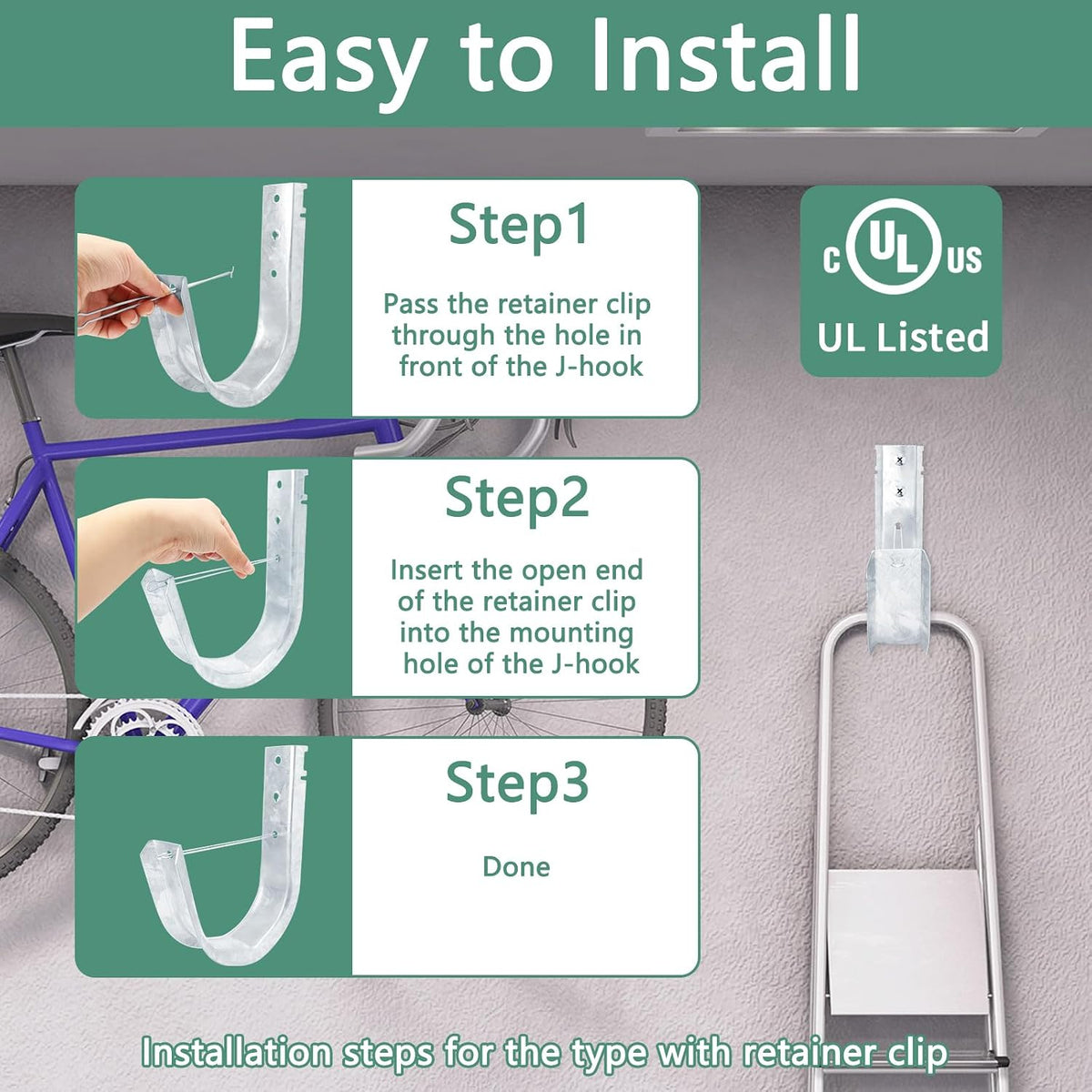 4-Inch Cable Support J Hooks with Retainer Clips, Wall Mount, 10 Pack