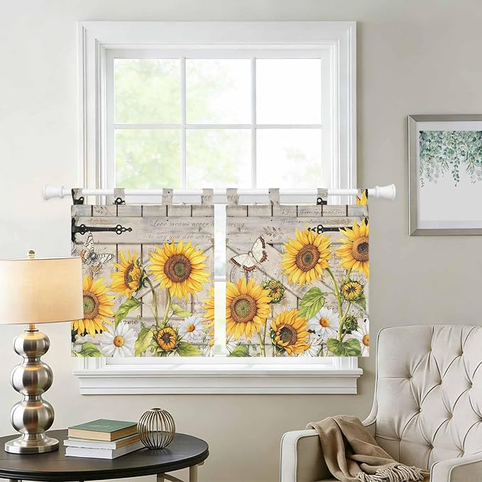 Farm Flowers Kitchen Curtains 36 Inch Length, Small Window Curtains Tab Top
