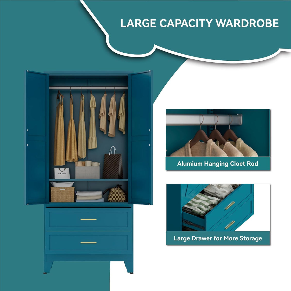 Metal Wardrobe Closet with Doors, 71" Tall Armoire Wardrobe with 2 Drawers and Hanging Rod, Farmhouse Steel Wardrobe Storage Cabinet for Bedroom, Laundry Room, Cloak Room -Blue