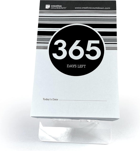 1 Year (365 Days) Event, Goal & Special Occasion Count Down Calendar - 5.75"x3.75" - Black & White Tear Off Countdown Calendar - Tear Away Desktop Calendar with Writing Space & Sleek Acrylic Display