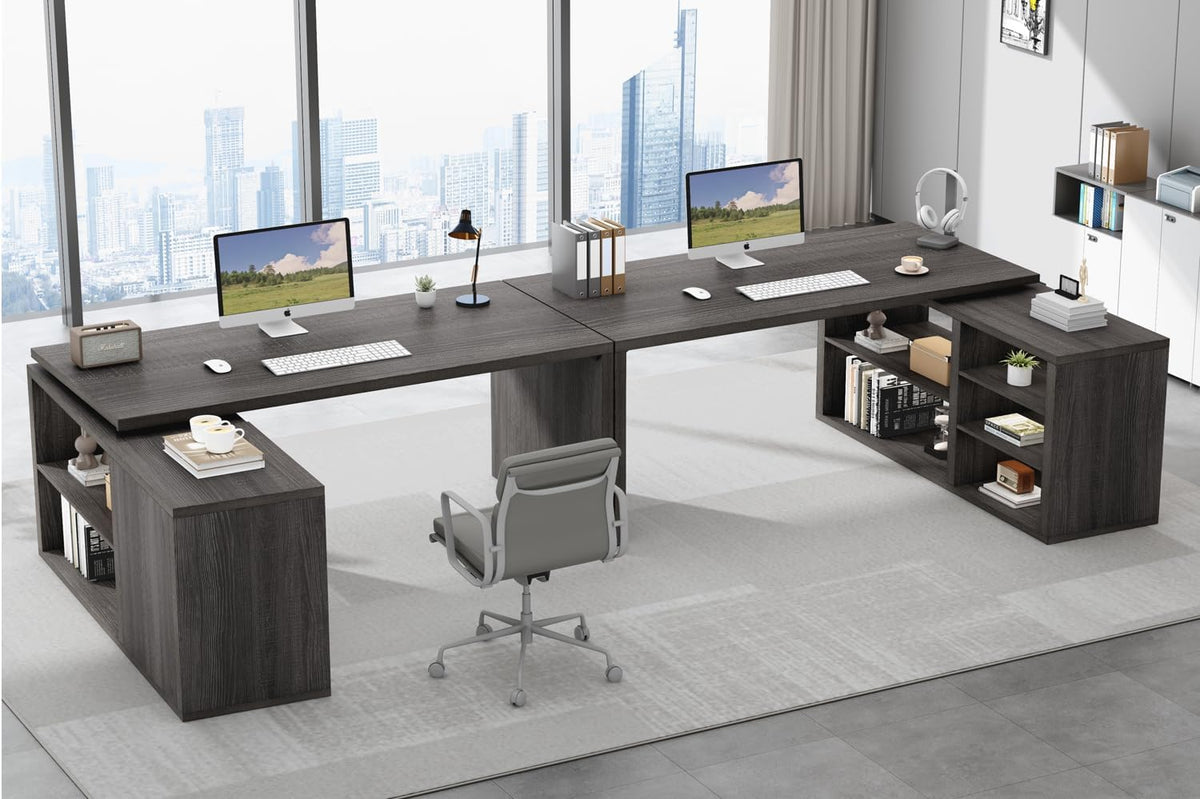 HSH L Shaped Computer Desk, Rustic Wood Corner Desk, Dark Gray Oak, 55 inch