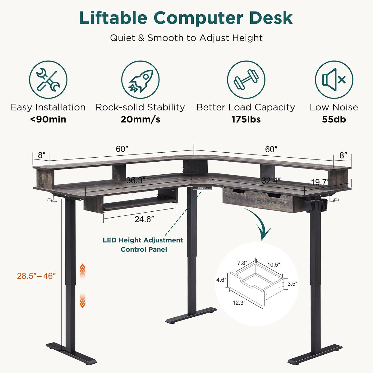 RedLemon 60 Inches L Shaped Electric Standing Desk, Dark Rustic Oak