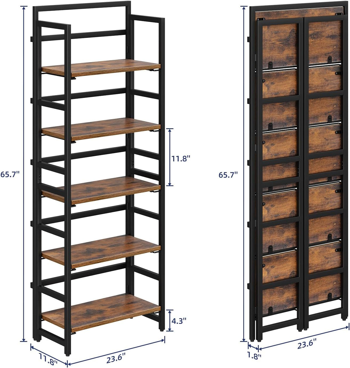 NUMENN 5-Tier Folding Bookshelf, Splits Into 2 Units, Vintage