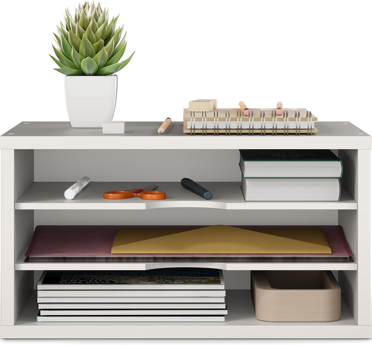 Ballucci File Organizer, 3-Tier Document Paper Sorter, Stackable Wood Desk Organizer, Mail Sorter and Monitor Stand with Storage Shelves, White