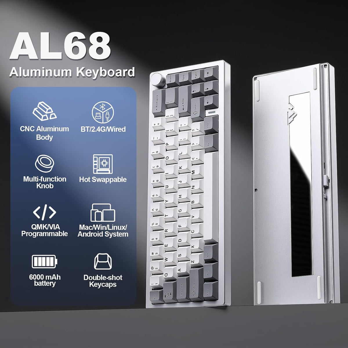 YUNZII AL68 Aluminum Wireless Mechanical Keyboard(Silver, Gateron Zero)