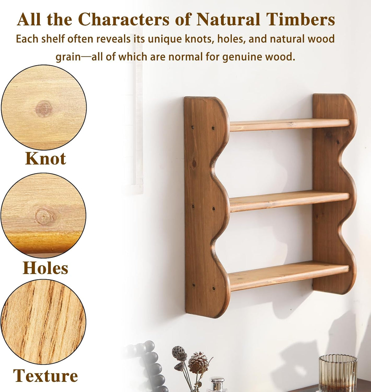 100% Solid Wood Wall Shelf 3-Tier, Rustic Floating Shelves Wall Mounted Storage Rack, Farmhouse Decor Hanging Shelf Display Shelves for Apartment, Living Room and Bedroom