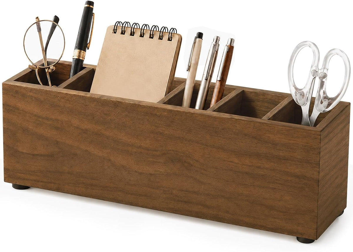 Jetec Wooden Pencil Pen Holder for Desk, Walnut, 6 Compartments