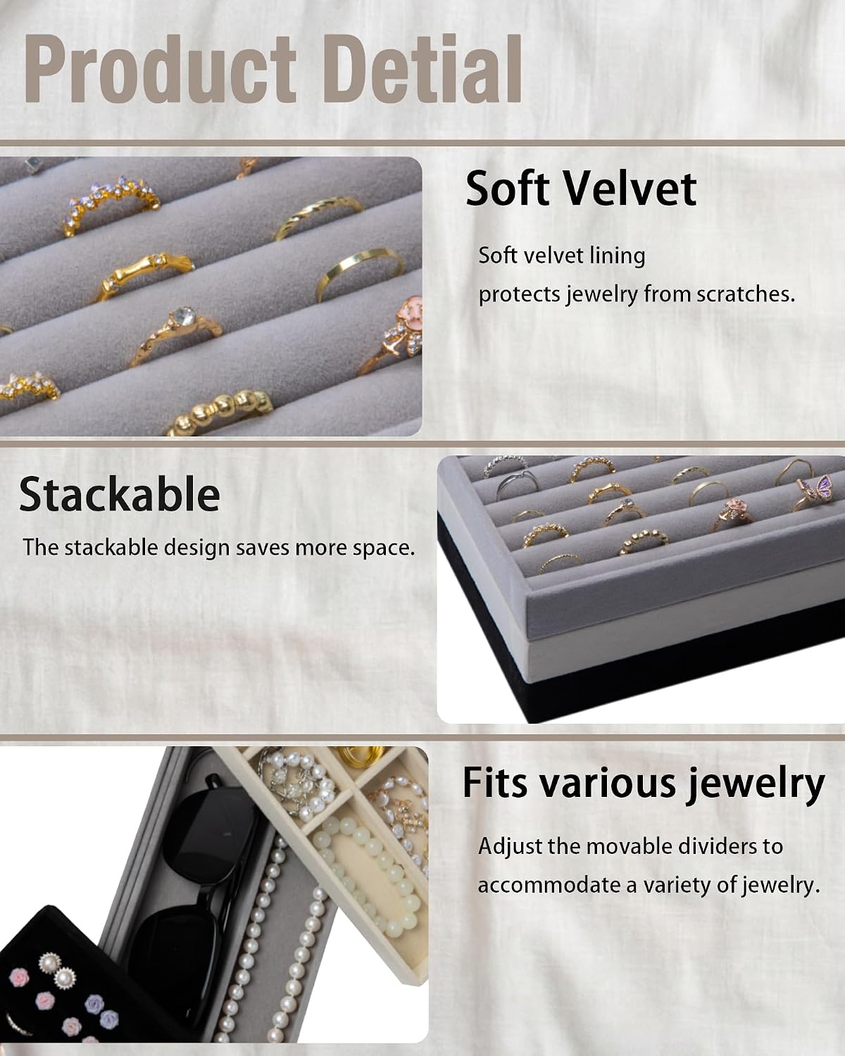 Velvet Jewelry Trays,Jewelry Organizer Trays for Drawer,Set of 8,Black