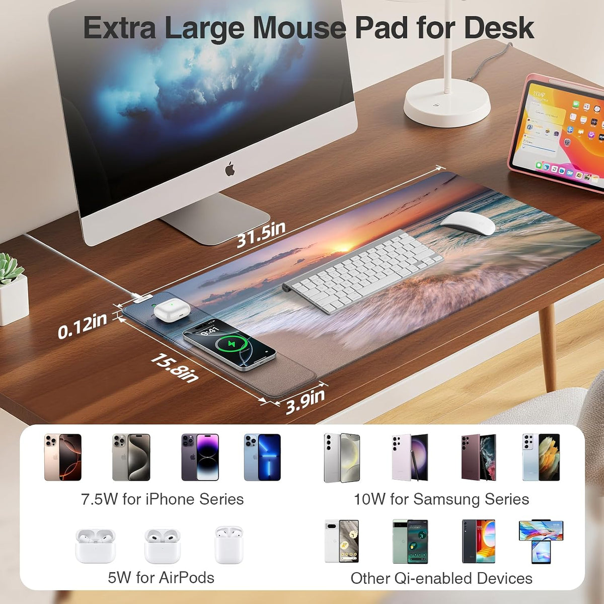 Beach Sunset Mouse Pad with Dual Wireless Charging, 31.5" x 15.8"