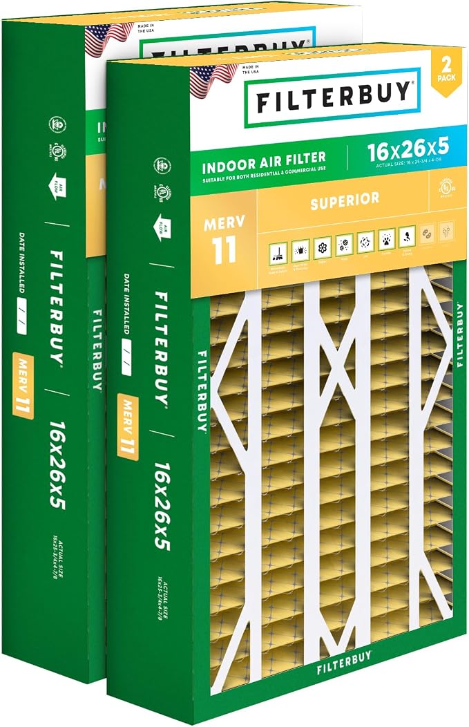 Filterbuy 16x26x5 Air Filter MERV 11 Superior Pet & Allergy Defense, Pleated