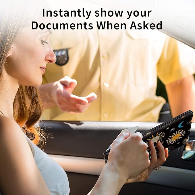 Car Registration and Insurance Holder, Leather Car Glove Box Organizer, Cool Car Accessories for ID, Driver's License Cards & Essential Document, Business Cards, Men&Women,Moon Sun