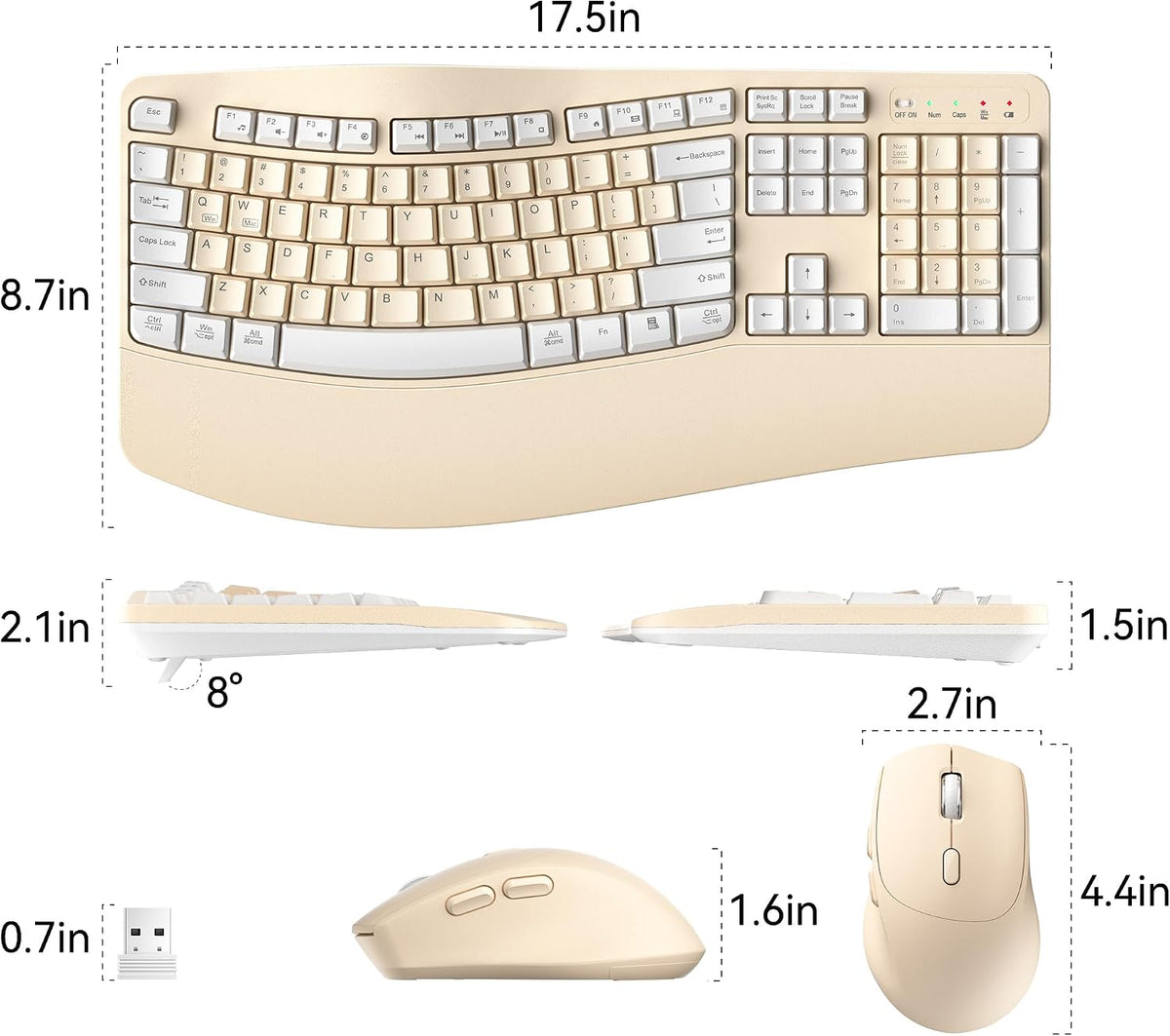 Wireless Keyboard and Mouse Combo,2.4G Ergonomic Wave Keys(Latte Color-A)