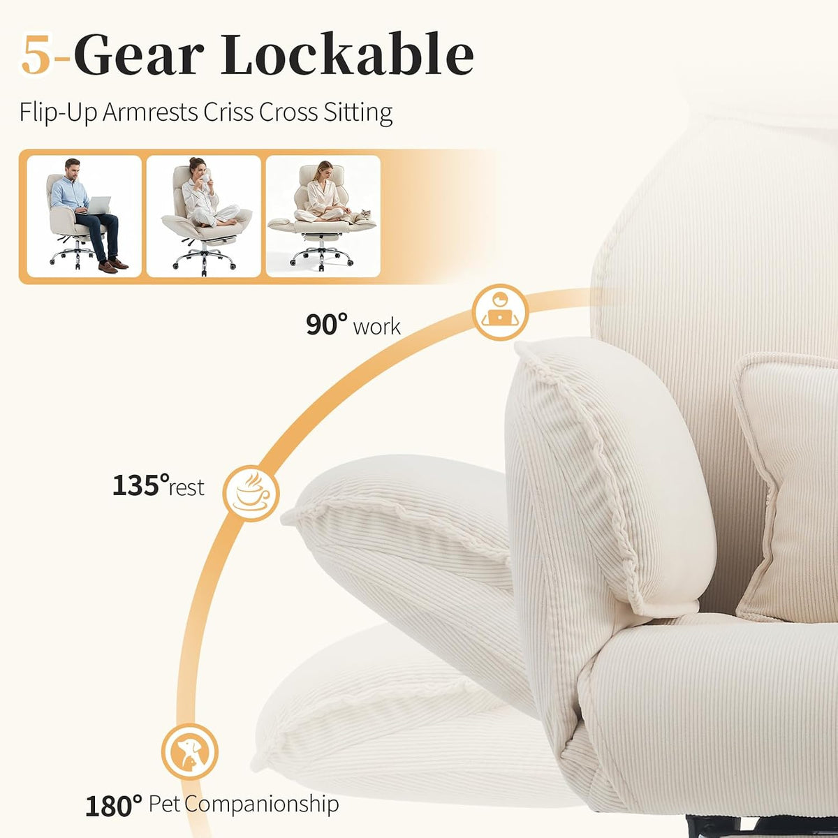 Criss Cross Office Chair with Footrest - 5-Gear Flat Armrests Corduroy Desk Chair, Reclining Wide Ergonomic Computer Chair with Lumbar Pillow, High Back Swivel Vanity Chair