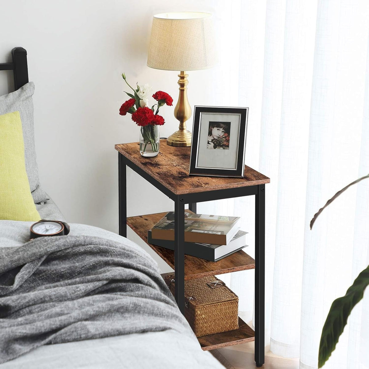 HOOBRO End Table, Simple Rustic Side Table with 3-Tier Storage Shelf, Narrow Nightstand for Small Spaces, for Living Room, Bedroom,Easy Assembly, Industrial Design, Rustic Brown and Black BF14BZ01
