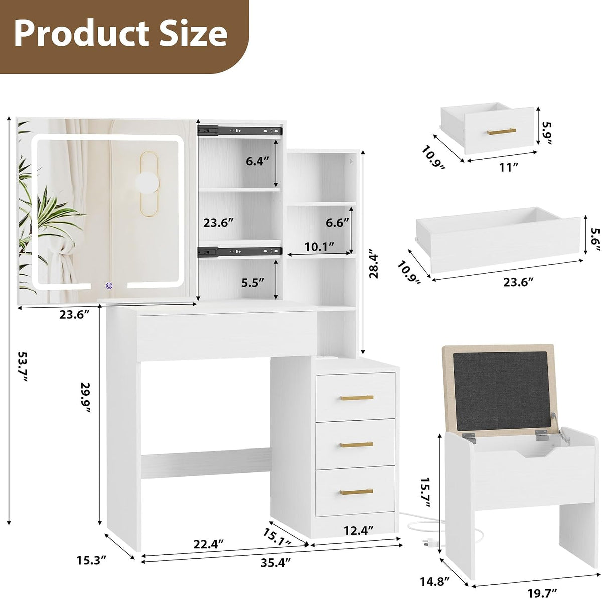 IDEALHOUSE Makeup Vanity Desk with Sliding Lighted Mirror, 4 Drawers, White