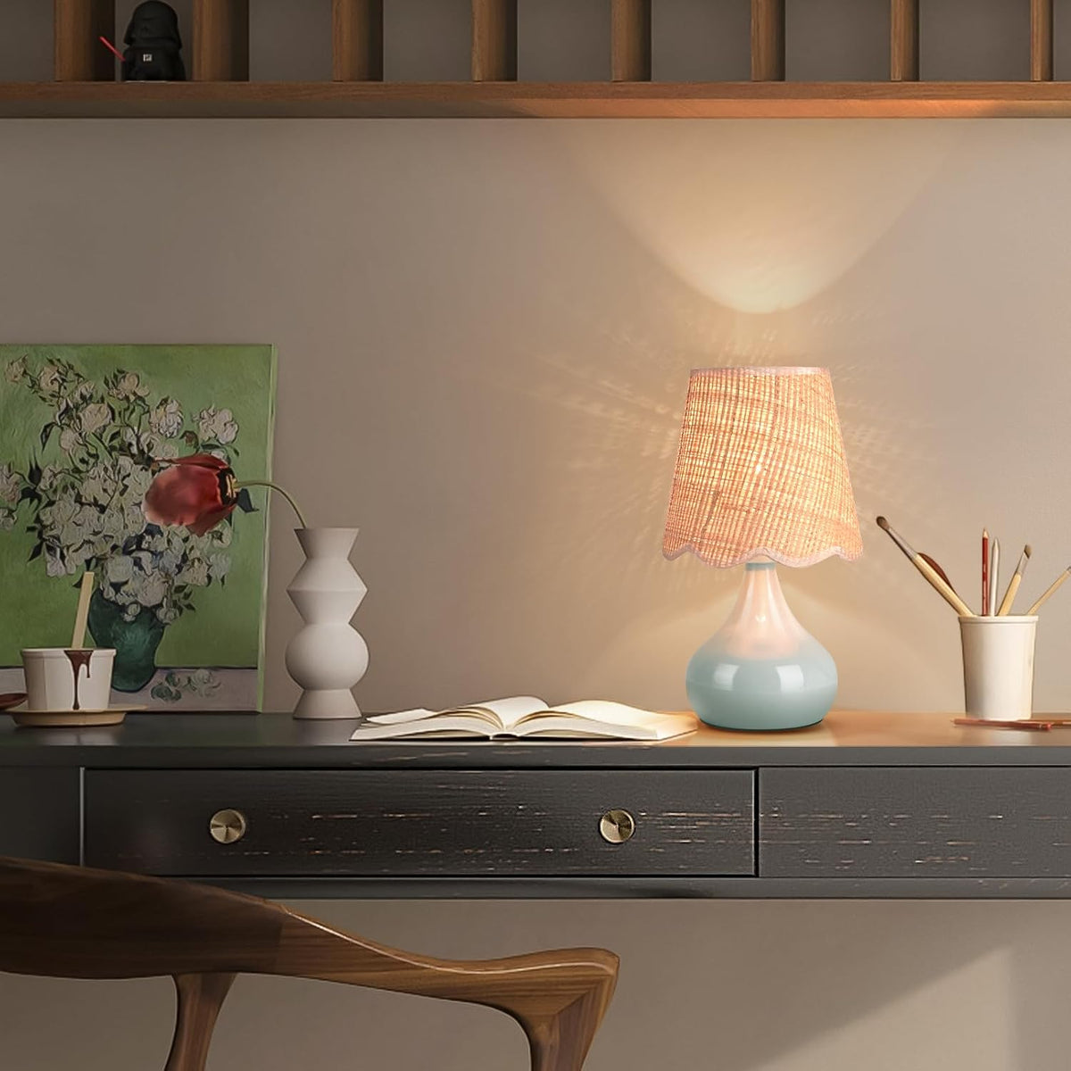 Blue Small Touch Control Table Lamp for Bedroom, Blue Bedside Lamps for Nightstand,Cute Mini Small Table Lamps for Small Spaces with Scalloped Shade for Kitchen Counter,Bookshelf,Living Room