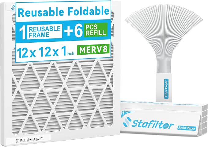 Reusable 12x12x1 Air Filter, 1 Foldable Frame + 6 Refills