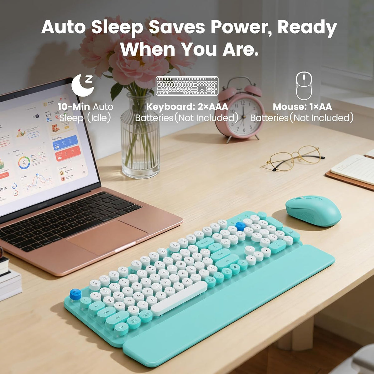 Wireless Keyboard Mouse Combo, Magnetic Wrist Rest, Round Keycap, Aqua Blue