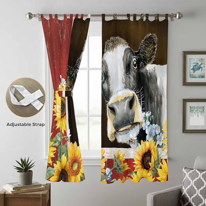 Cows Sunflowers Living Room Curtains 96 Inch Length, Window Curtains Tab Top