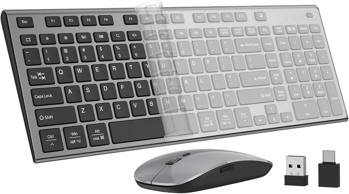 Keyboard and Mouse Wireless, Slim Flat Silent Quiet Black & Gray