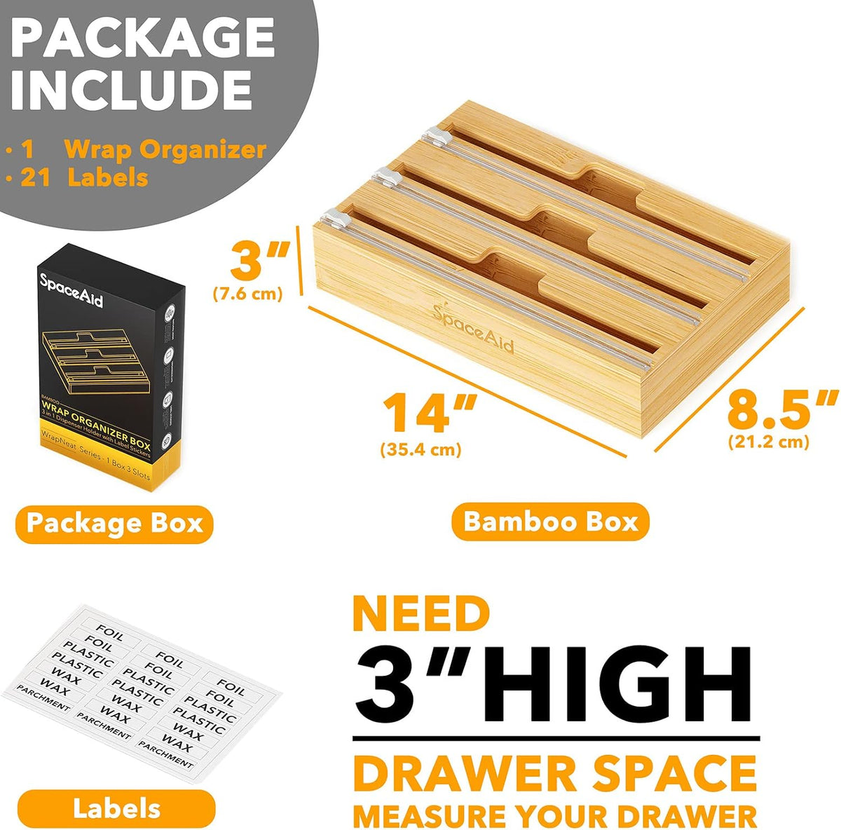 SpaceAid WrapNeat 3 in 1 Wrap Organizer with Cutter and Labels, Plastic Wrap, Aluminum Foil and Wax Bamboo Dispenser for Kitchen Storage Organization Holder for 12" Roll (Natural, 3-Slot)