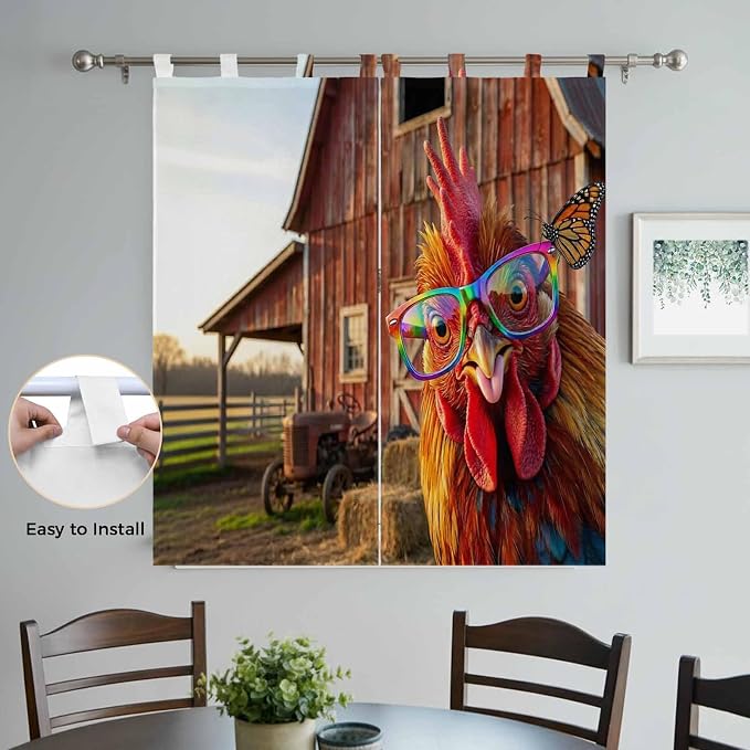 Farm Rooster Living Room Curtains 84 Inch Length, Window Curtains Tab Top