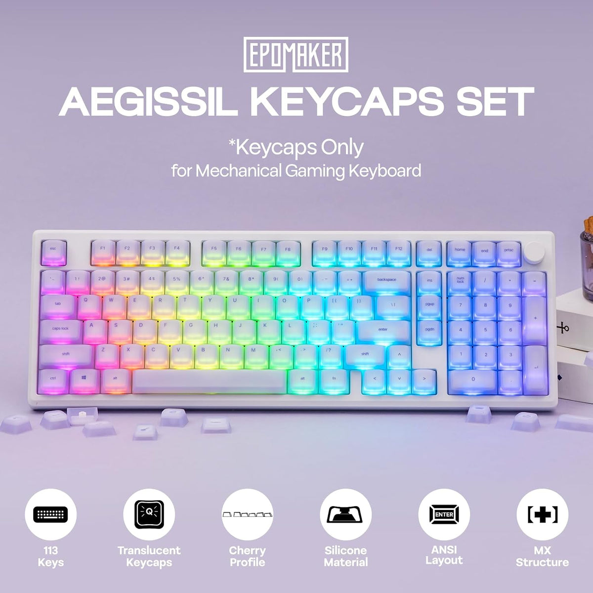 EPOMAKER AegisSil Keycap Set, Silicone Material, Cherry Profile, 113 Keys, 65%/75%/Full Size, Custom Keyboard Keycaps Set for Cherry MX, Kailh, Outemu, Gateron Mechanical Gaming Keyboard (Purple)