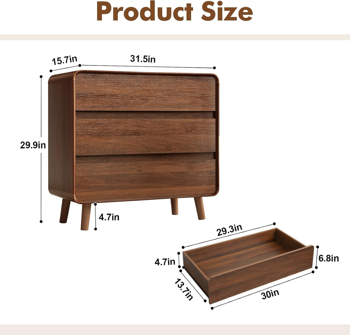 Nasonet 3 Drawer Dresser for Bedroom, Mid Century Modern Chest of Drawers, Curved Dresser with Storage Drawer, Wooden Bedroom Furniture Drawer for Closet, Home Office, Walnut