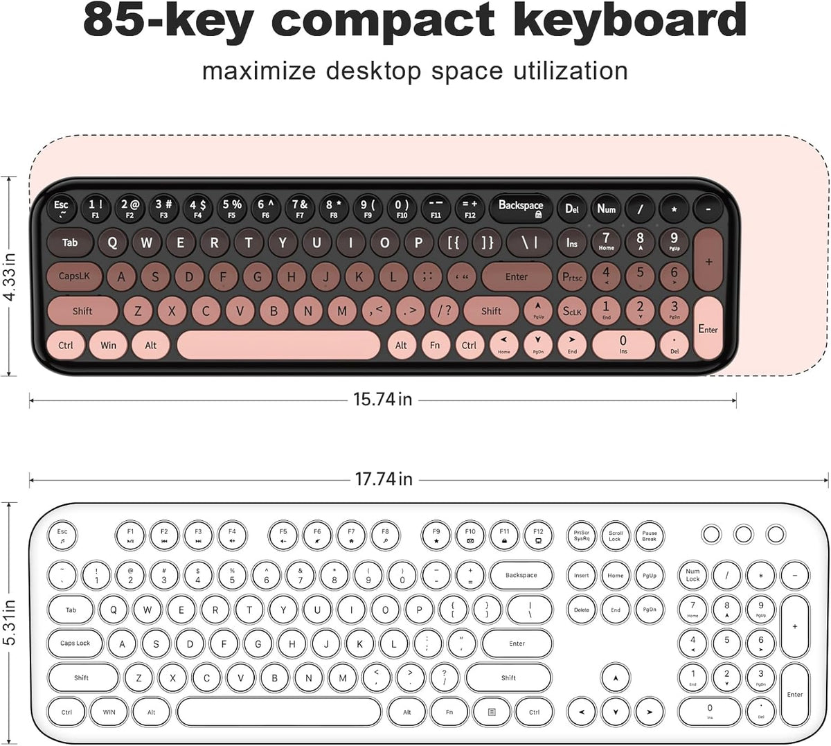 Wireless Keyboard and Mouse Combo, MOWUX Compact Typewriter Retro Round Computer Keyboard, Cute Optical Mouse Wireless, Plug and Play, for Laptop, PC, Computer- BlackBerry Gradient