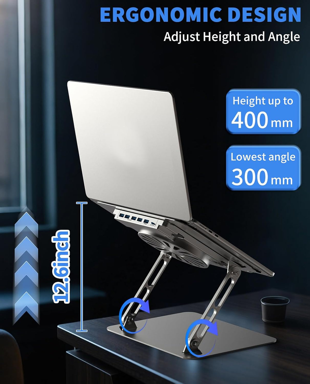 SOUNDANCE Adjustable Laptop Cooling Pad, 4 USB 3.0 Hubs, 10-16", Silver