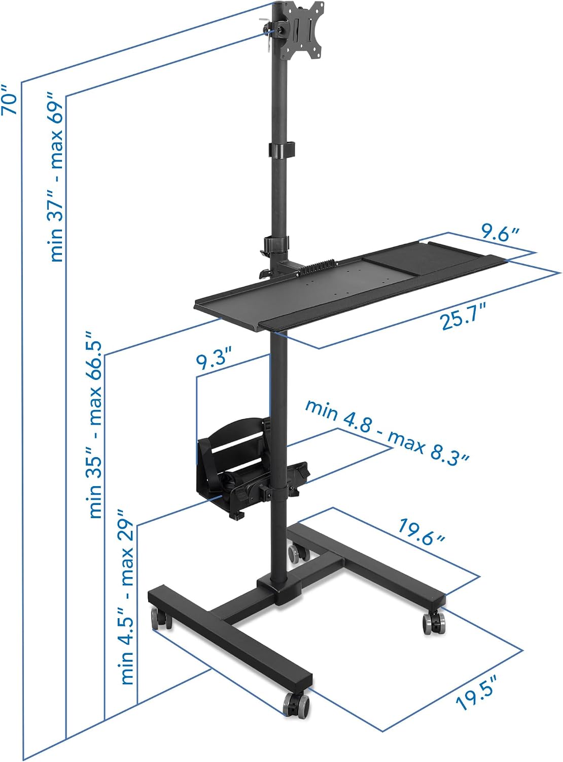 Mount-It! Rolling Computer Cart on Wheels, Mobile Desk Workstation with Monitor Mount for up to 32" Screen, Full Keyboard Tray, Floating Adjustable CPU Holder, Standing up to 70" Tall