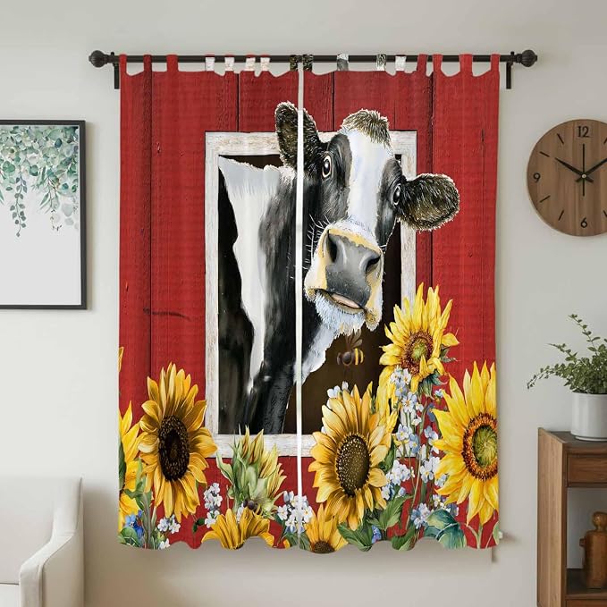 Cows Sunflowers Living Room Curtains 84 Inch Length, Window Curtains Tab Top