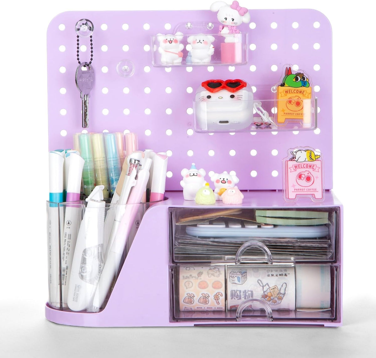 Comix Desk Organizer with 2 Drawer, Purple 360 Rotating Pen Holder for Desk