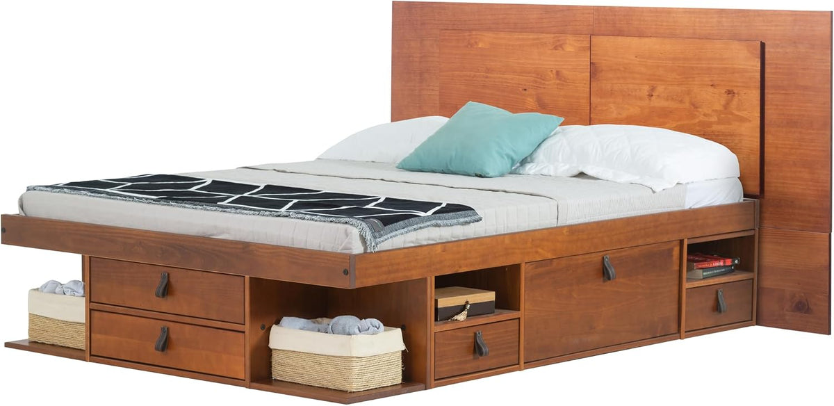 memomad Bali Full Size Slim Set: Storage Platform Bed with Drawers and Compartments + Wall Mounted Headboard, Solid Pine Wood Furniture with Underbed Storage, No Box Spring Needed, Caramel Brown