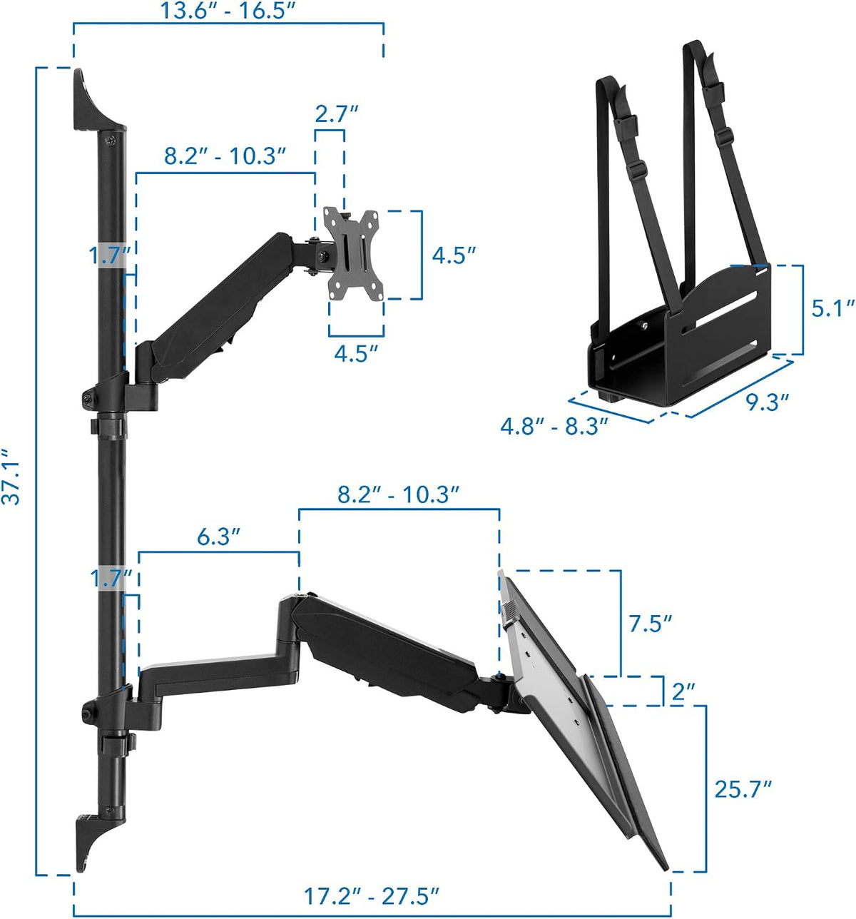 Mount-It! Single Monitor Arm Wall Mount Workstation with Keyboard Tray & CPU Holder, Height Adjustable Gas Spring Full Motion Computer Station, Fits 17–32” VESA 75x75 100x100, Black