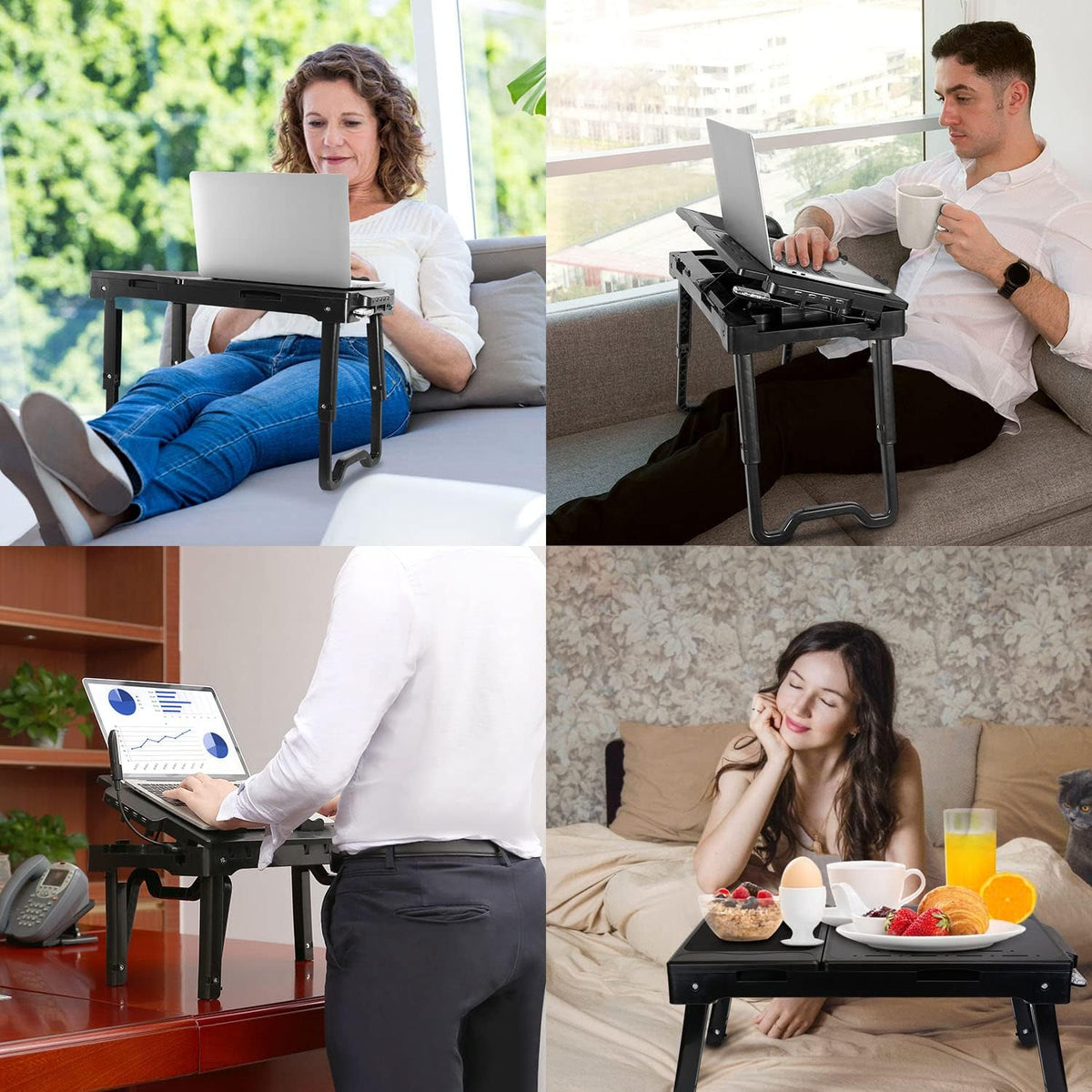 Laptop Table Stand for Bed, Adjustable Laptop Desk for Bed, Portable Desktop Lap Desk with Cooling Fan and 4 USB Port, Foldable Computer Lap Desk for Bed Sofa Couch Floor(Black)