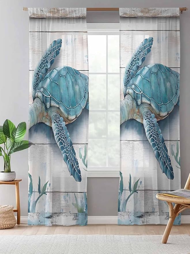 Sheer Curtains 84 Inches Long, Teal Green Sea Turtle Semi Sheer Curtains Light
