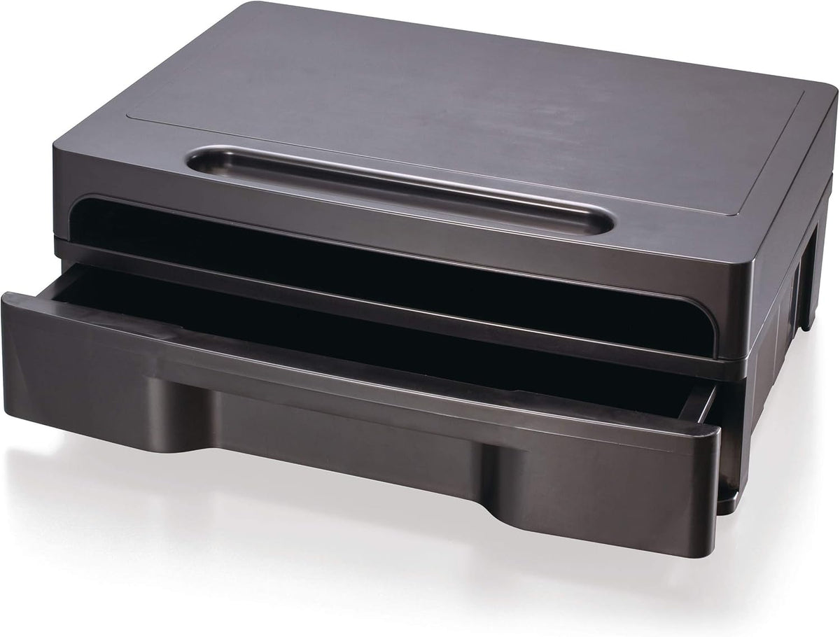 Officemate 2200 Series Monitor Stand with Security Drawer - Executive Monitor Riser and Desk Organizer, 13-1/8" x 9-7/8" x 5", Black