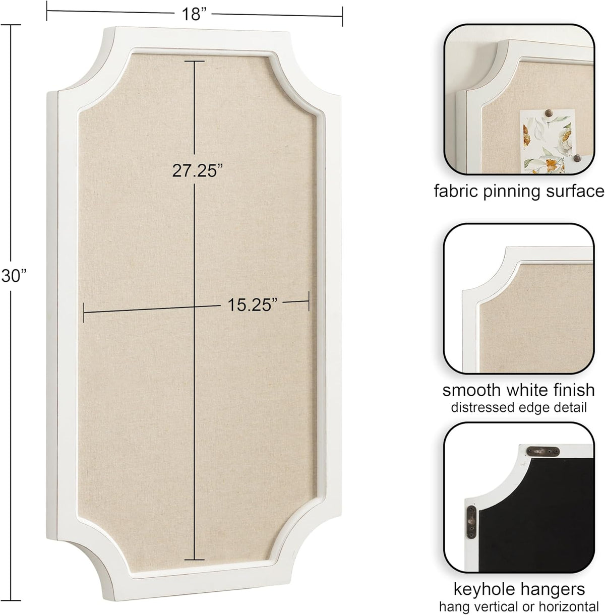 Hogan Framed Scalloped Decorative Wall Pinboard; White; 18 x 30; Rustic Modern Farmhouse Bulletin Board for Wall Organization and Decorative Displays