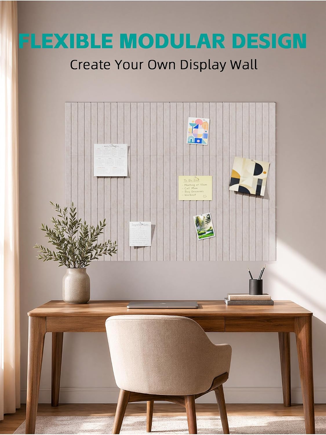Large Felt Bulletin Board Tiles 48" x 36" Cork Board Alternative (Light Camel, Fine-Stripe 12-Pack)