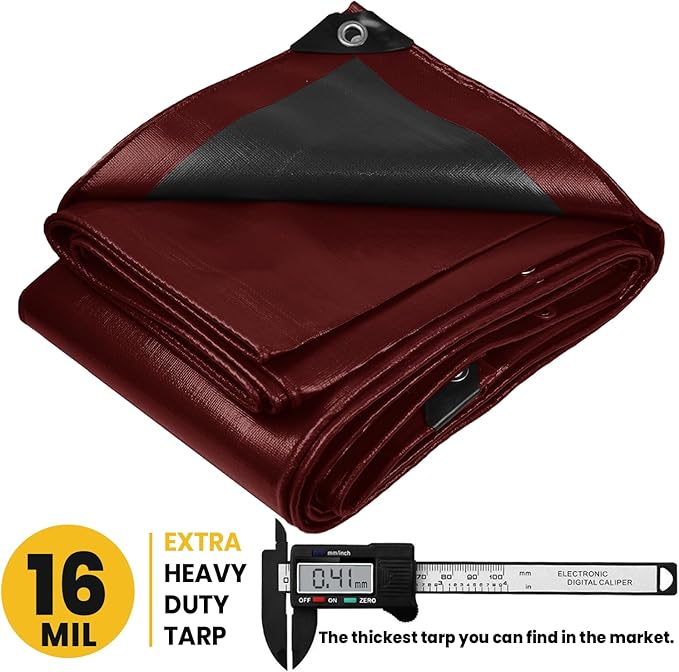 PROTARP Extra Heavy Duty 16 Mil Tarp Cover, Waterproof, UV Resistant, Rip and Tear Proof, Poly Tarpaulin with Reinforced Edges for Roof, Camping, Patio, Pool, Boat. (Maroon/Black 12′ X 20′)