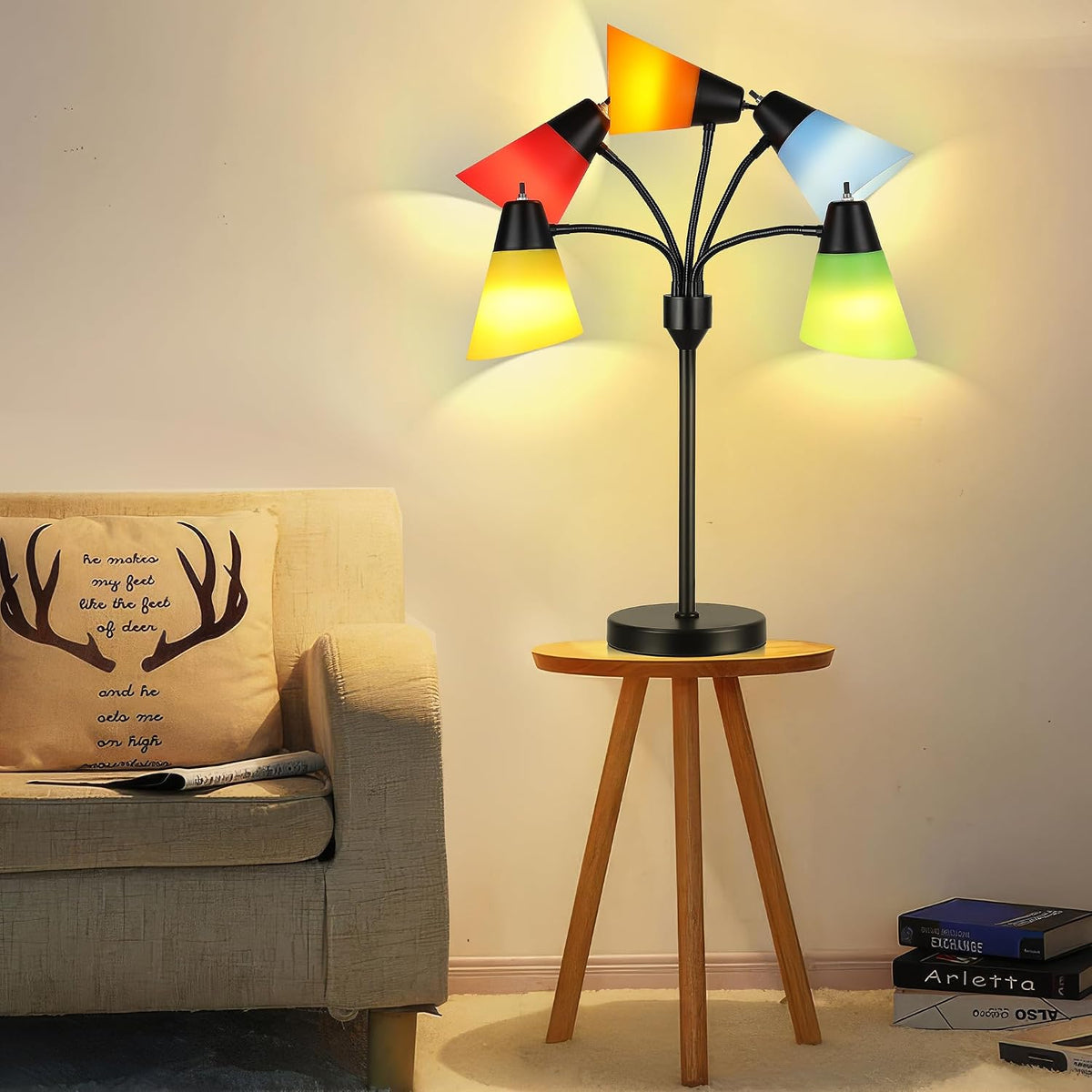 Medusa Bedside Table lamp for Bedroom,Modern Multi Head 5 Shade Lamps, Adjustable Gooseneck Lamp for Night Stands, LED Desk Lamps with Fun Light Multicolored Shades for Livingroom Room,Office(Black)