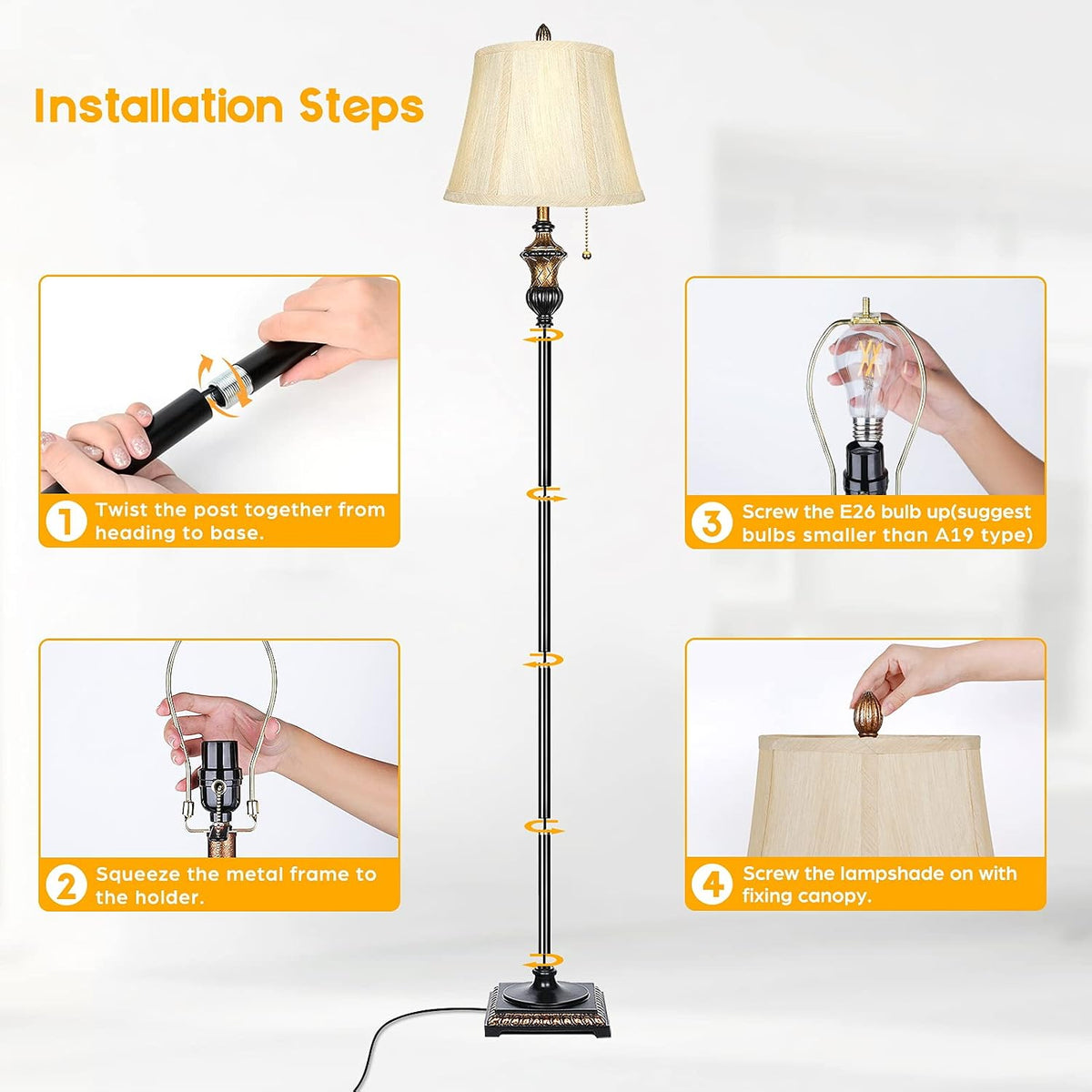 TOBUSA Traditional Floor Lamp, Standing Lamp with Bronze Fabric Shade