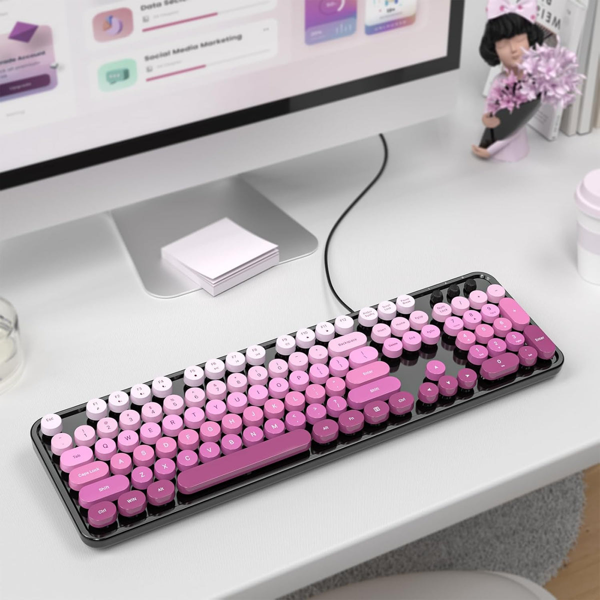 MOFII Computer Keyboards Wired, Plug Play USB Full Size Typewriter Keyboard, Cute Colorful Aesthetic Keyboard with Foldable Stands for Windows PC Laptop (Black Pink Gradient)
