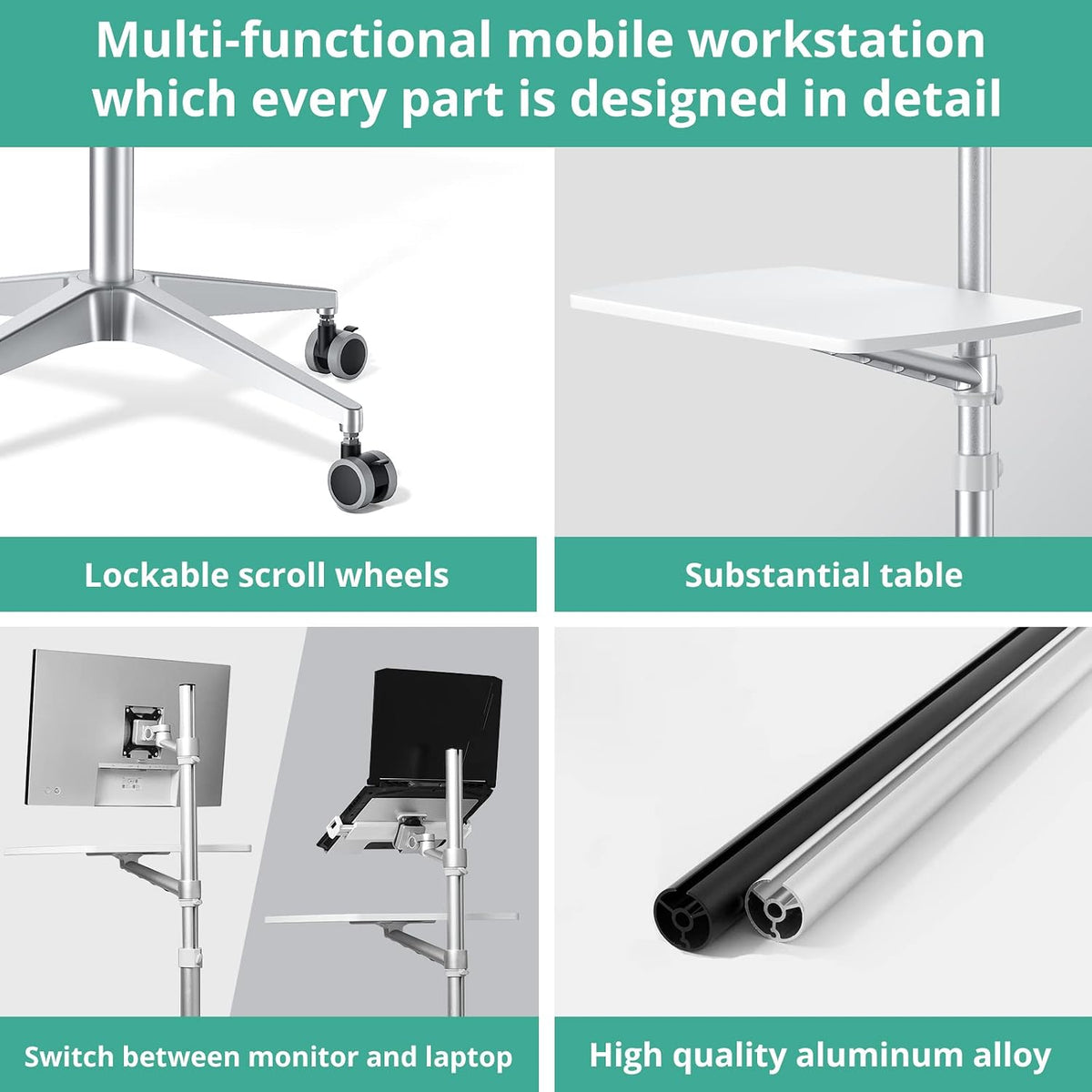 viozon Mobile Desk,Mobile Workstation,Mulitiuse Rolling Laptop Floor Stand,34"-48.6" Height Adjustable,Compatible with 17"-27"Monitor&12"-17"Laptop,21"×14" Desk Board,Maxload 17.6lbs,4 Lockable Wheels