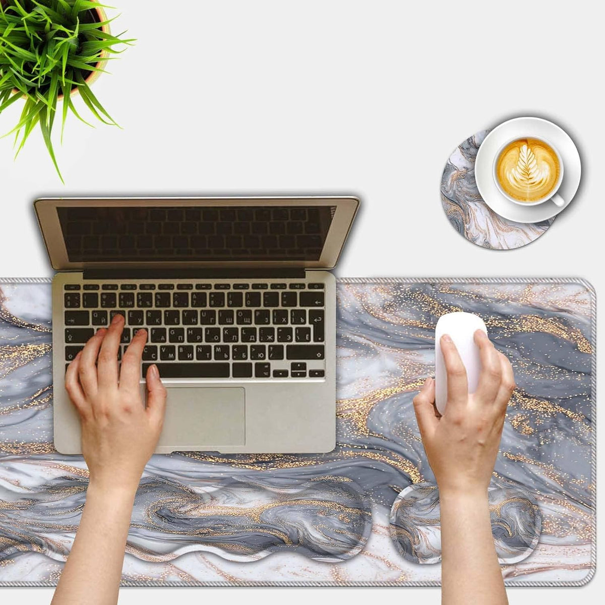 Mouse Pad Set,(31.5×11.8 in) Desk Pad + Keyboard Wrist Rest Support + Mouse Wrist Rest + Coaster for Office,Home,Computer,Laptop - 4 Grey Gold Marble