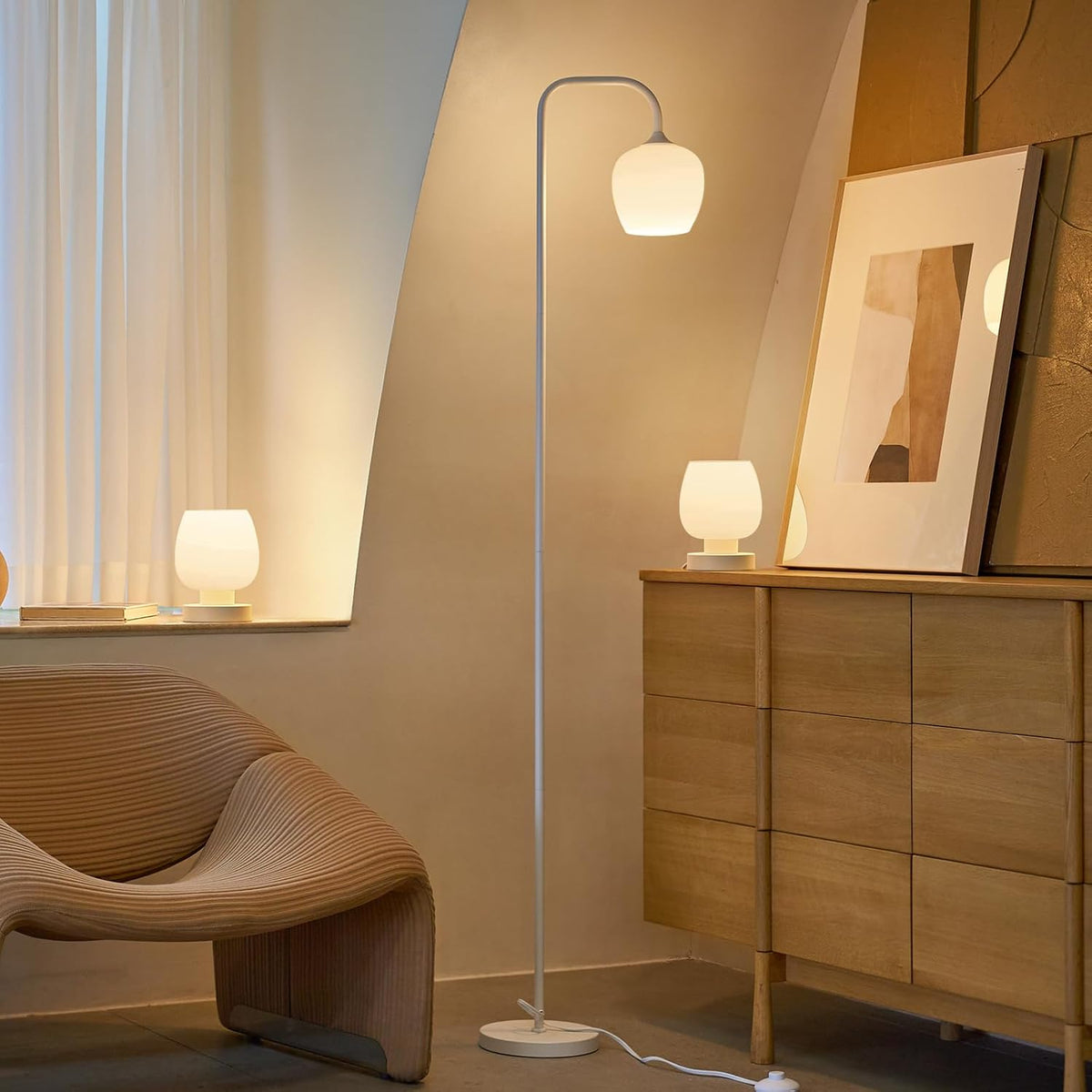 ONEWISH Lamp Set of 3 - Touch Bedside Table Lamps Set of 2 and 1 Floor Lamp, Modern Lamps for Bedroom Living Room Nightstand, White Opal Glass Lamp Shade, LED Bulbs Included Simple Design