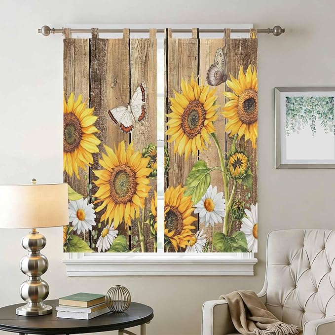 Farmhouse Sunflowers Living Room Curtains 84 Inch Length, Window Curtains Tab