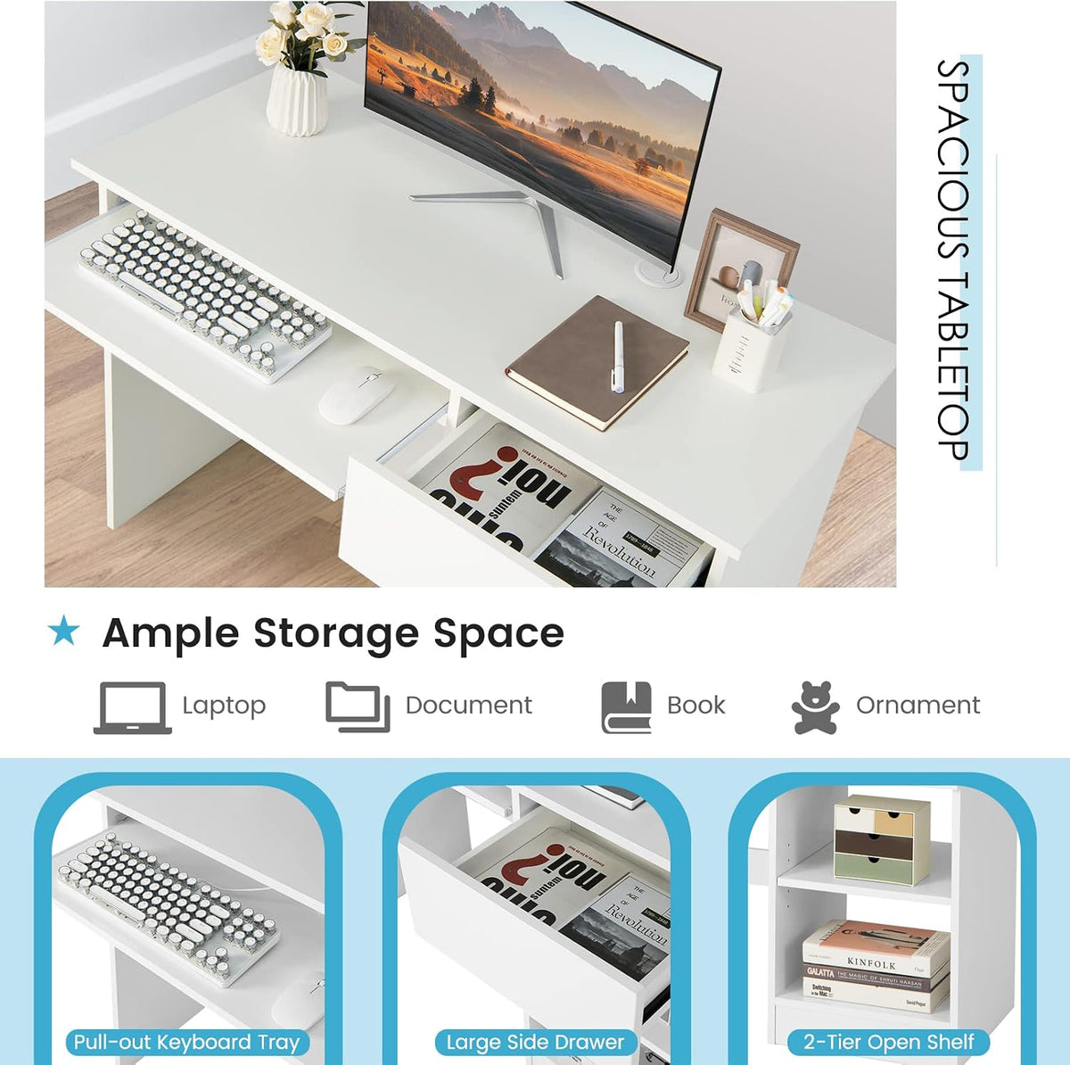 COSTWAY Computer Desk with Keyboard Tray, Large Drawer, Home Office Desk with Adjustable Shelf & Cable Hole, Study Desk, Modern Writing Workstation, PC Laptop Table (White)